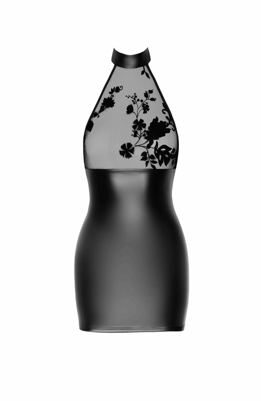 Noir Handmade - "Eros" Mini-Trägerkleid aus beflocktem Netz und Wetlook F311