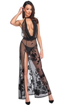 Noir Handmade - "Divinity" langes beflocktes Netzkleid mit offenem Rücken F312
