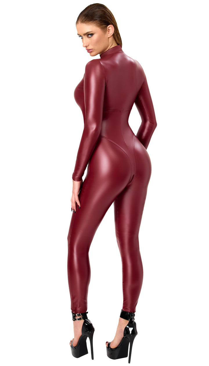 Noir Handmade F395 Dark Romance Catsuit – Powerwetlook Bordeaux, Korsettnaht & Dreifach-Reißverschluss