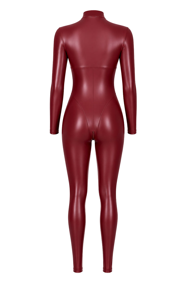Noir Handmade F395 Dark Romance Catsuit – Powerwetlook Bordeaux, Korsettnaht & Dreifach-Reißverschluss
