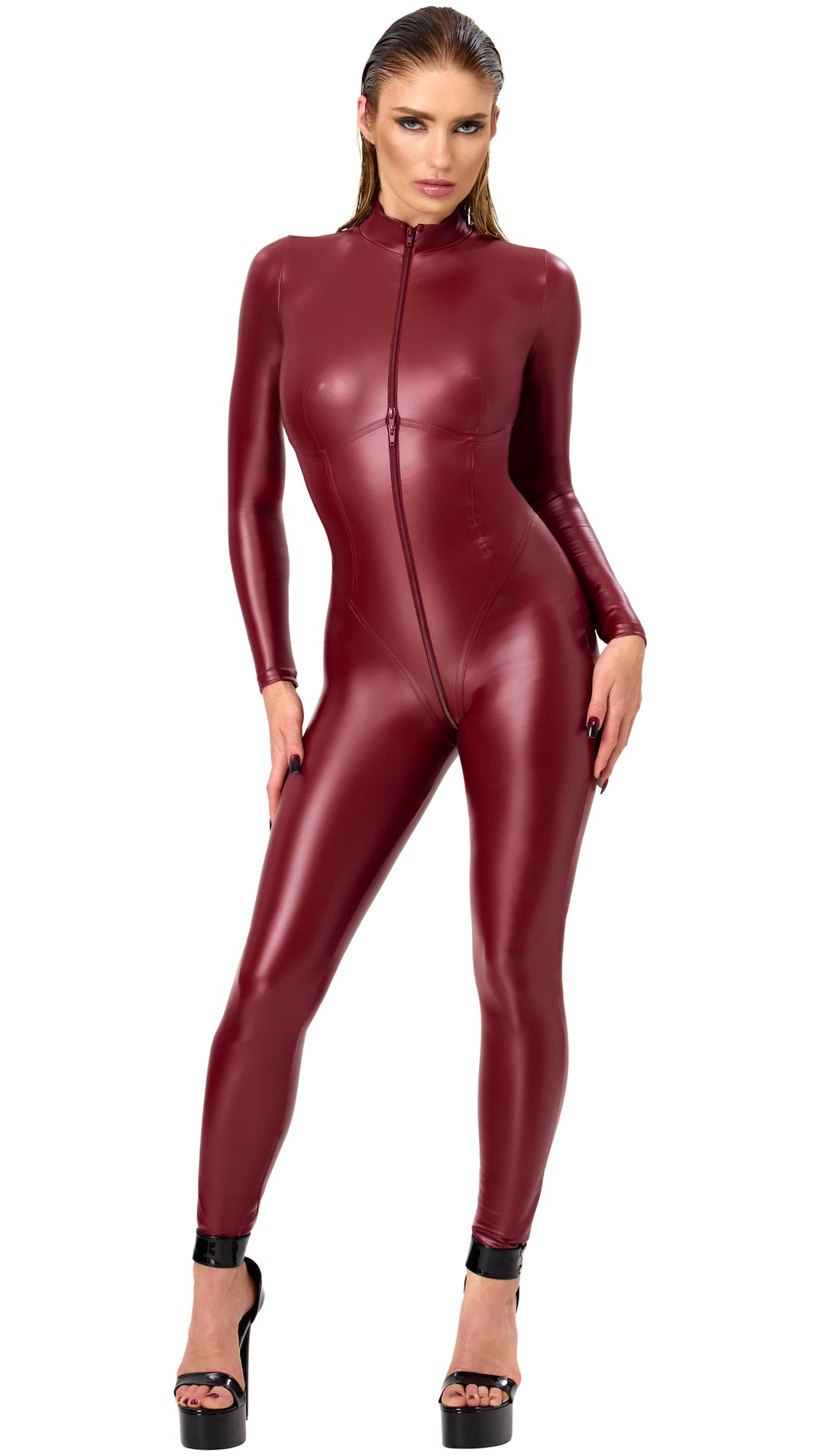 Noir Handmade F395 Dark Romance Catsuit – Powerwetlook Bordeaux, Korsettnaht & Dreifach-Reißverschluss