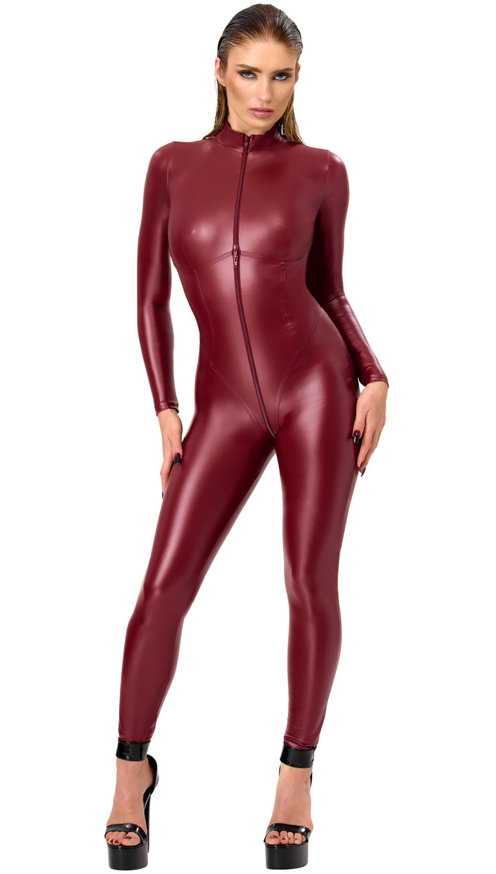 Noir Handmade F395 Dark Romance Catsuit – Powerwetlook Bordeaux, Korsettnaht & Dreifach-Reißverschluss