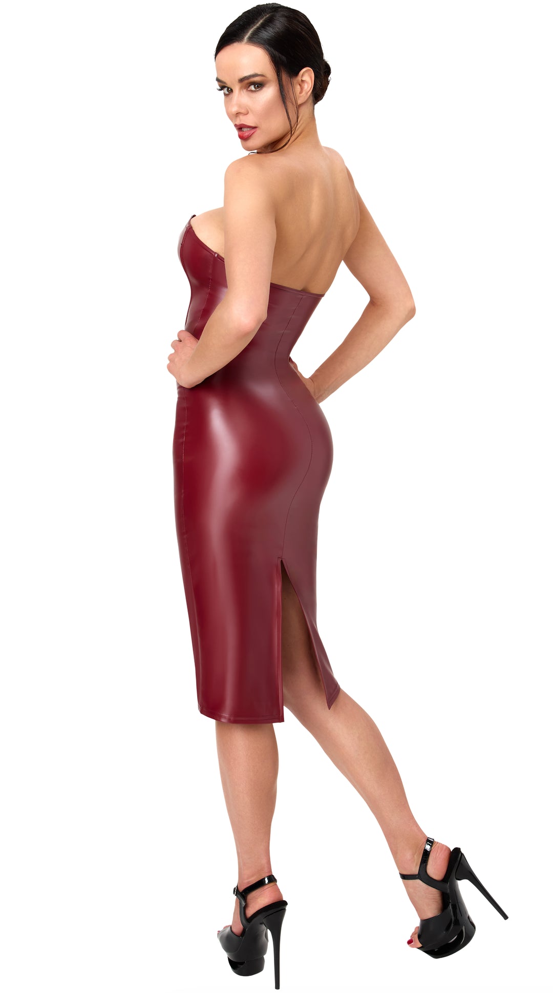 Noir Handmade F396 Dark Romance Korsett-Midikleid – Powerwetlook Bordeaux, gebändertes Korsett & Busk
