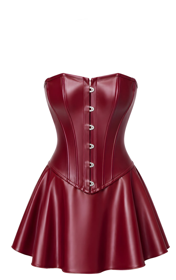 Noir Handmade F397 Dark Romance Korsett-Minikleid – Powerwetlook Bordeaux, Busk & ausgestellter Rock