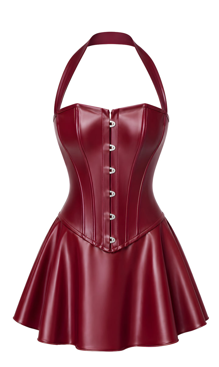 Noir Handmade F397 Dark Romance Korsett-Minikleid – Powerwetlook Bordeaux, Busk & ausgestellter Rock