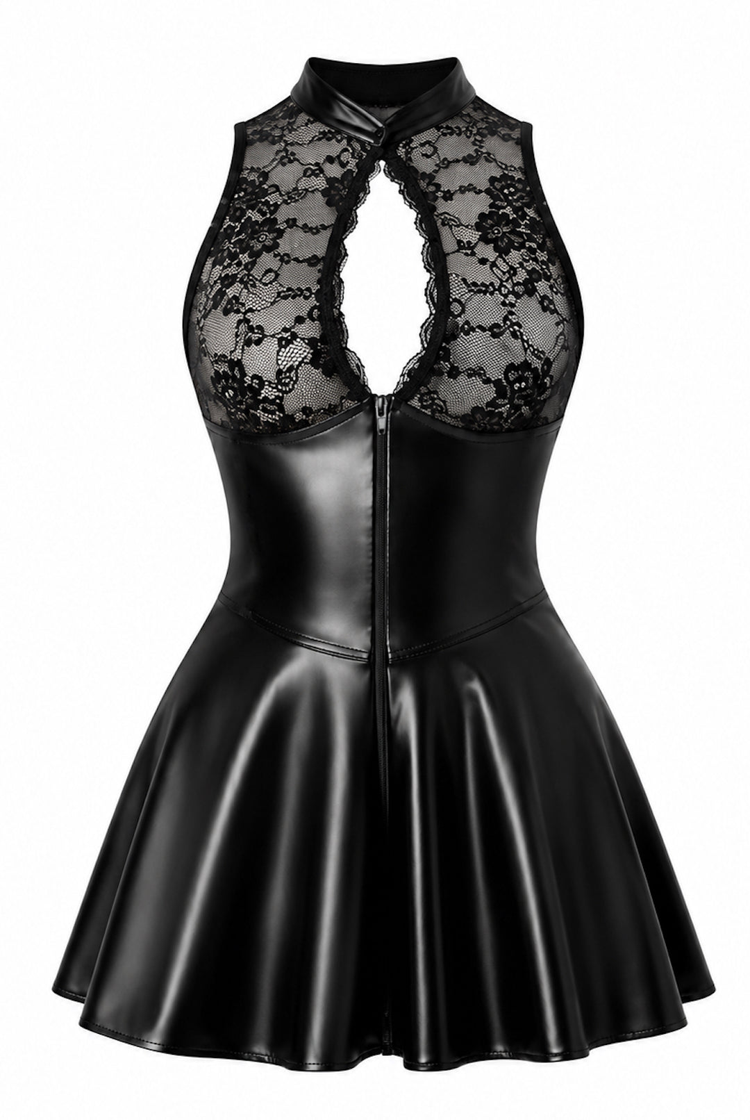 Noir Handmade F404 One More Kiss Minikleid – Spitzen-Oberteil, Powerwetlook-Rock & Doppelreißverschluss