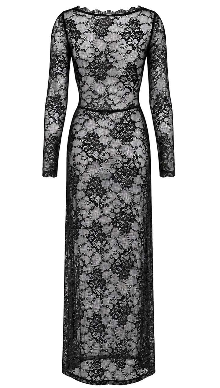 Noir Handmade F405 One More Kiss Maxikleid – Spitze, tiefes Deko, lange Ärmel & Beinschlitz