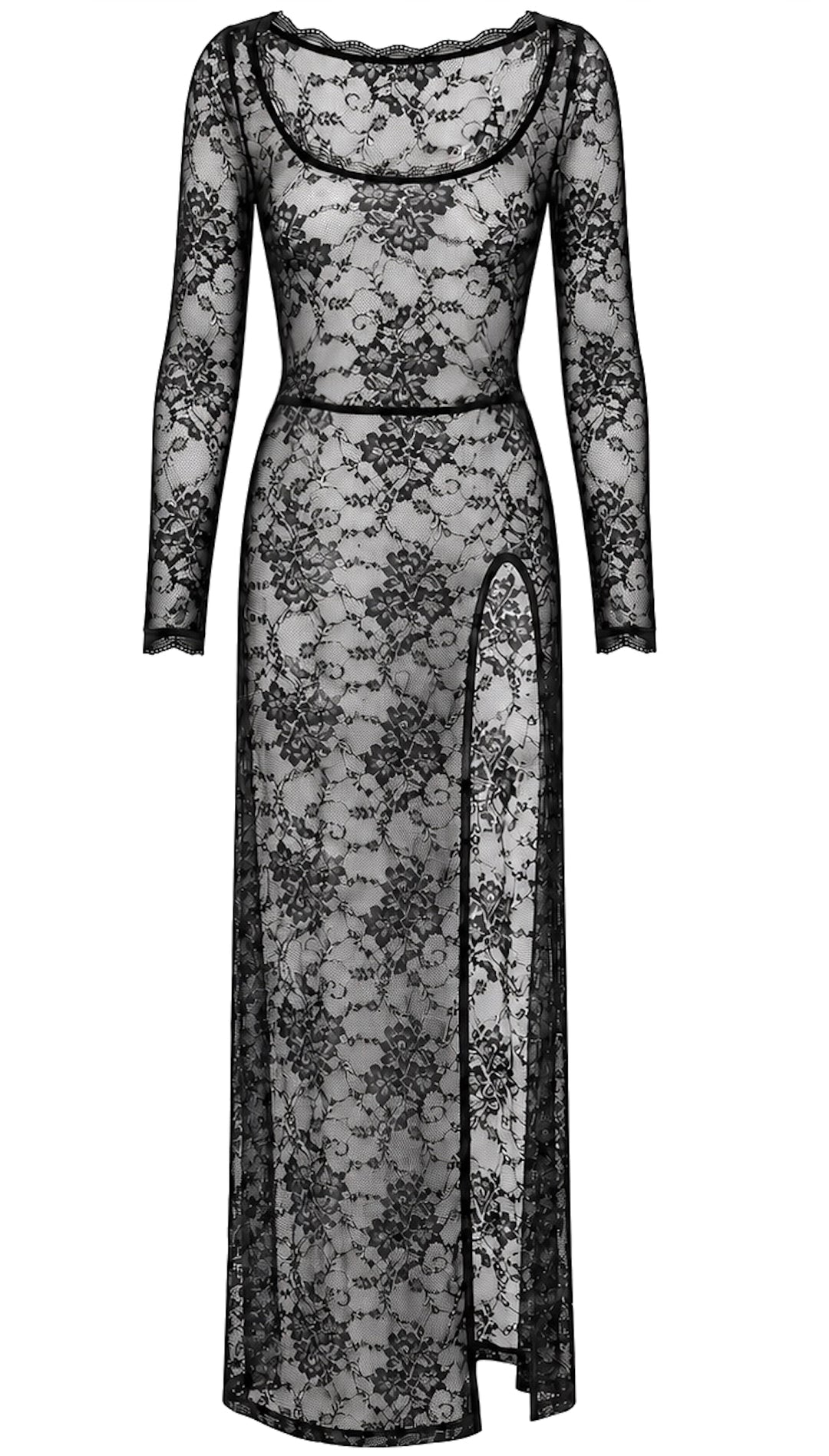 Noir Handmade F405 One More Kiss Maxikleid – Spitze, tiefes Deko, lange Ärmel & Beinschlitz