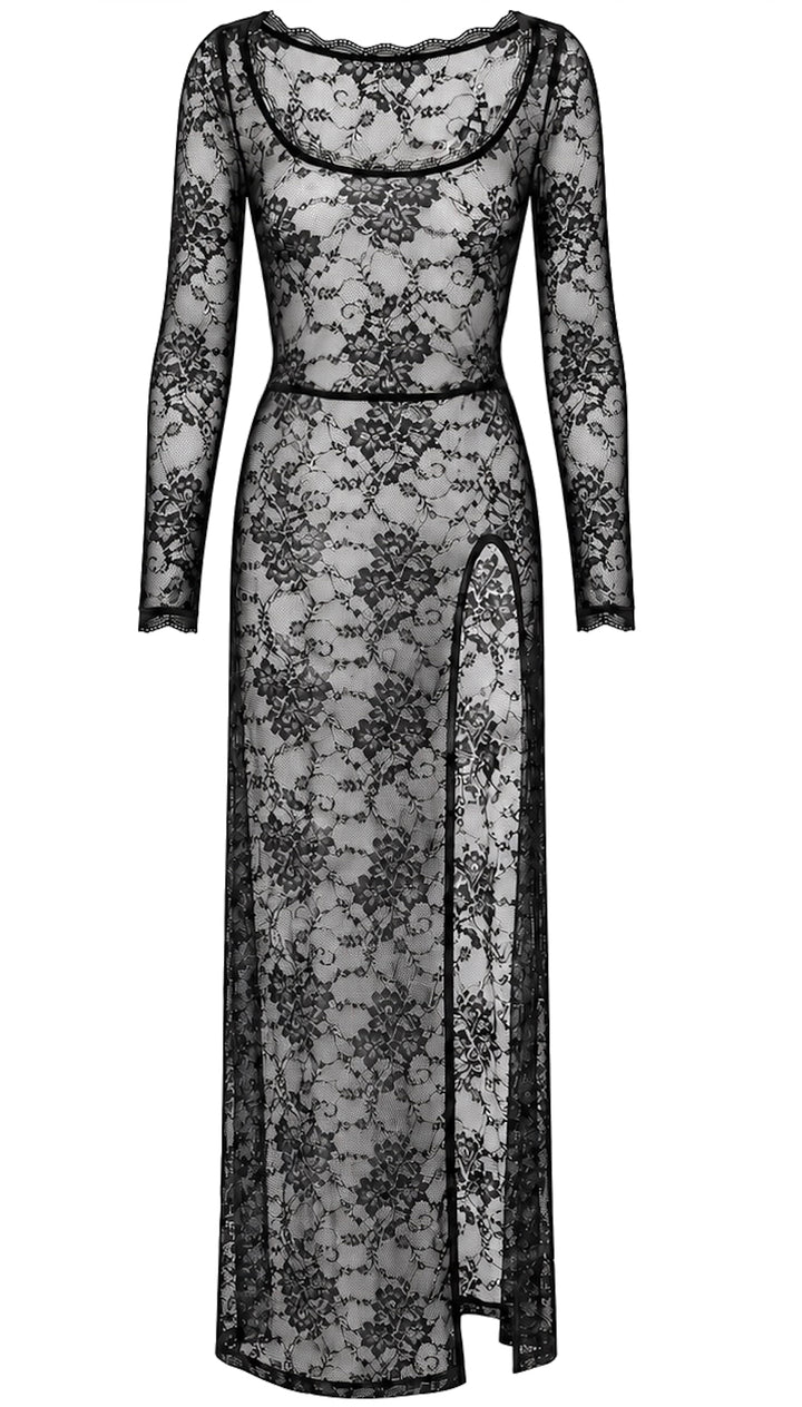 Noir Handmade F405 One More Kiss Maxikleid – Spitze, tiefes Deko, lange Ärmel & Beinschlitz