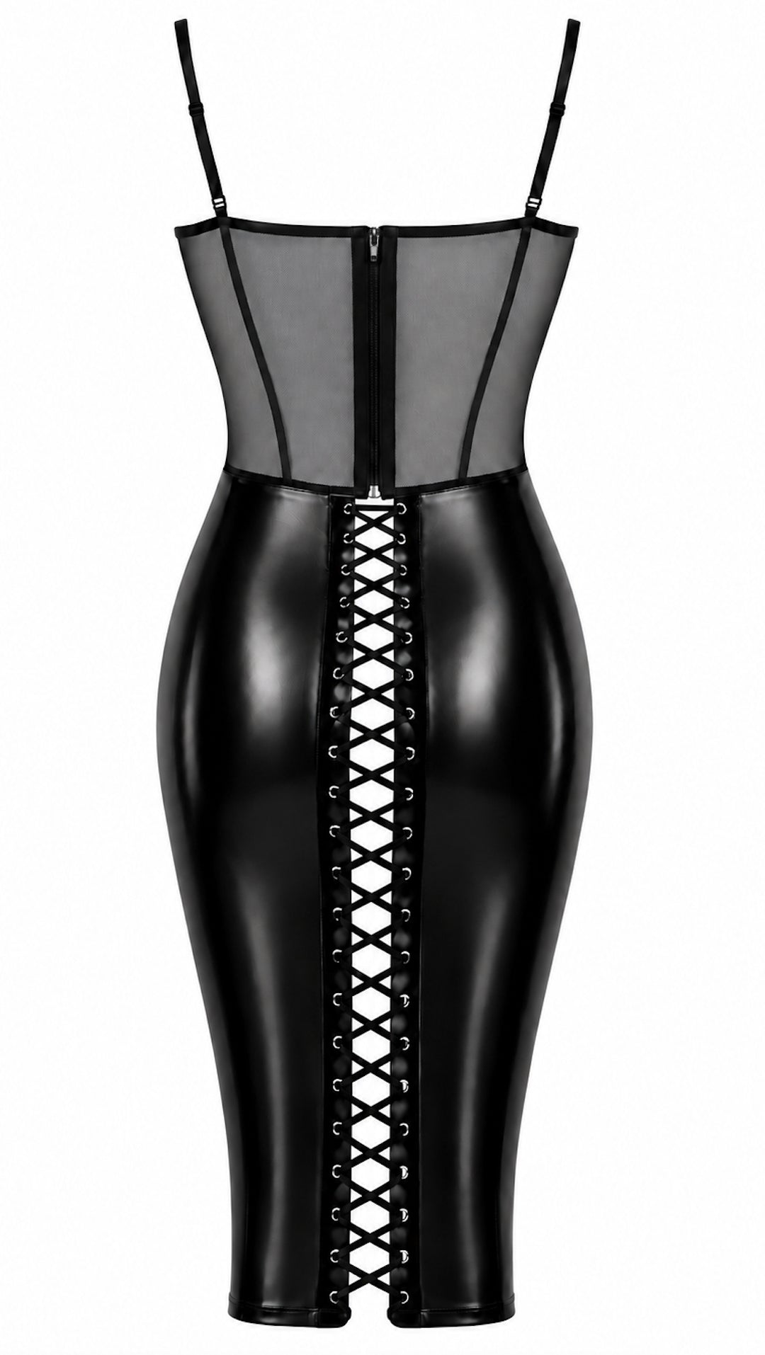 Noir Handmade F408 Do Not Disturb Midikleid – Tüll-Top & Powerwetlook-Rock mit Schnürung