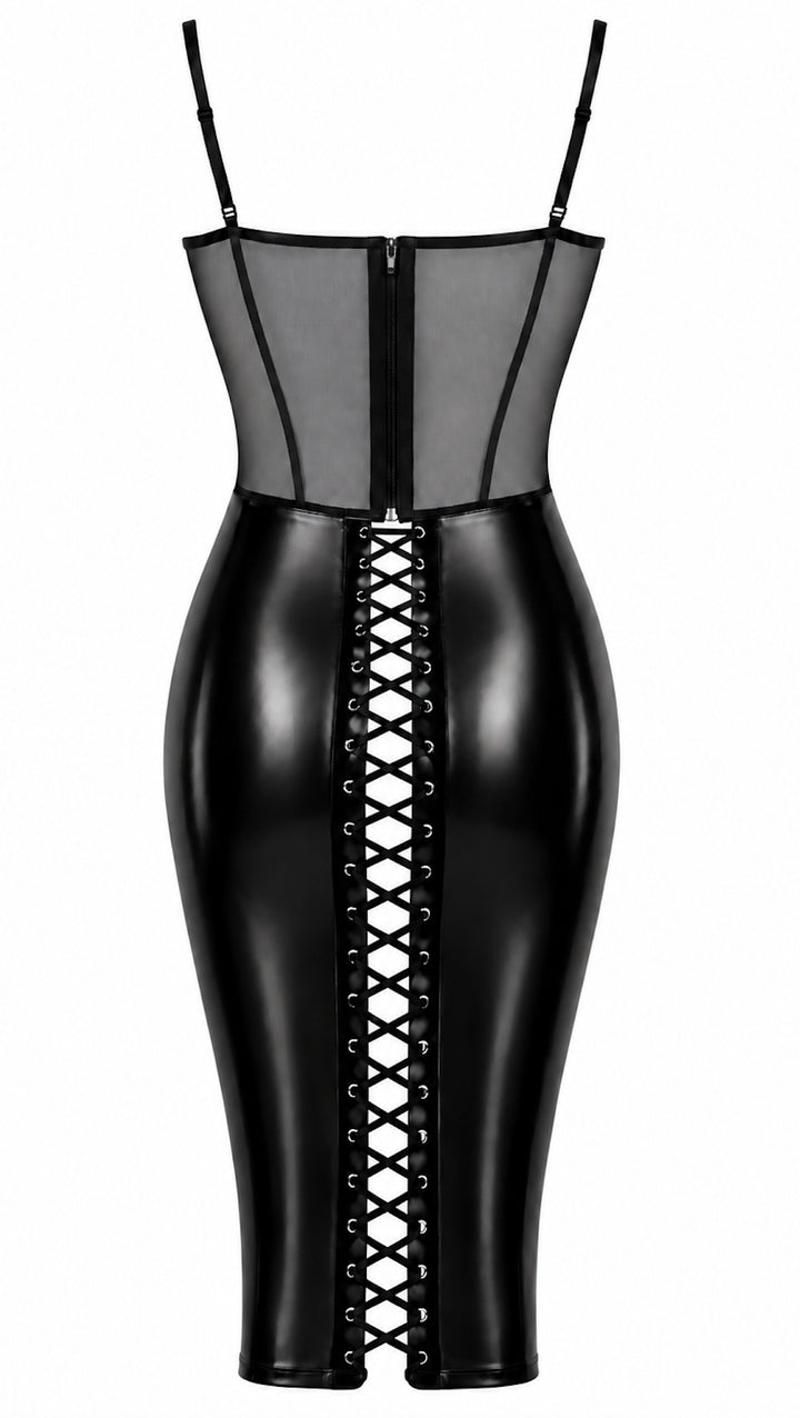 Noir Handmade F408 Do Not Disturb Midikleid – Tüll-Top & Powerwetlook-Rock mit Schnürung