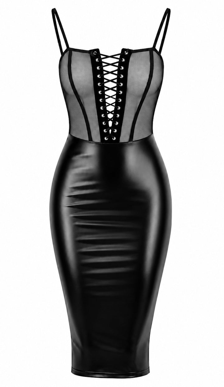 Noir Handmade F408 Do Not Disturb Midikleid – Tüll-Top & Powerwetlook-Rock mit Schnürung