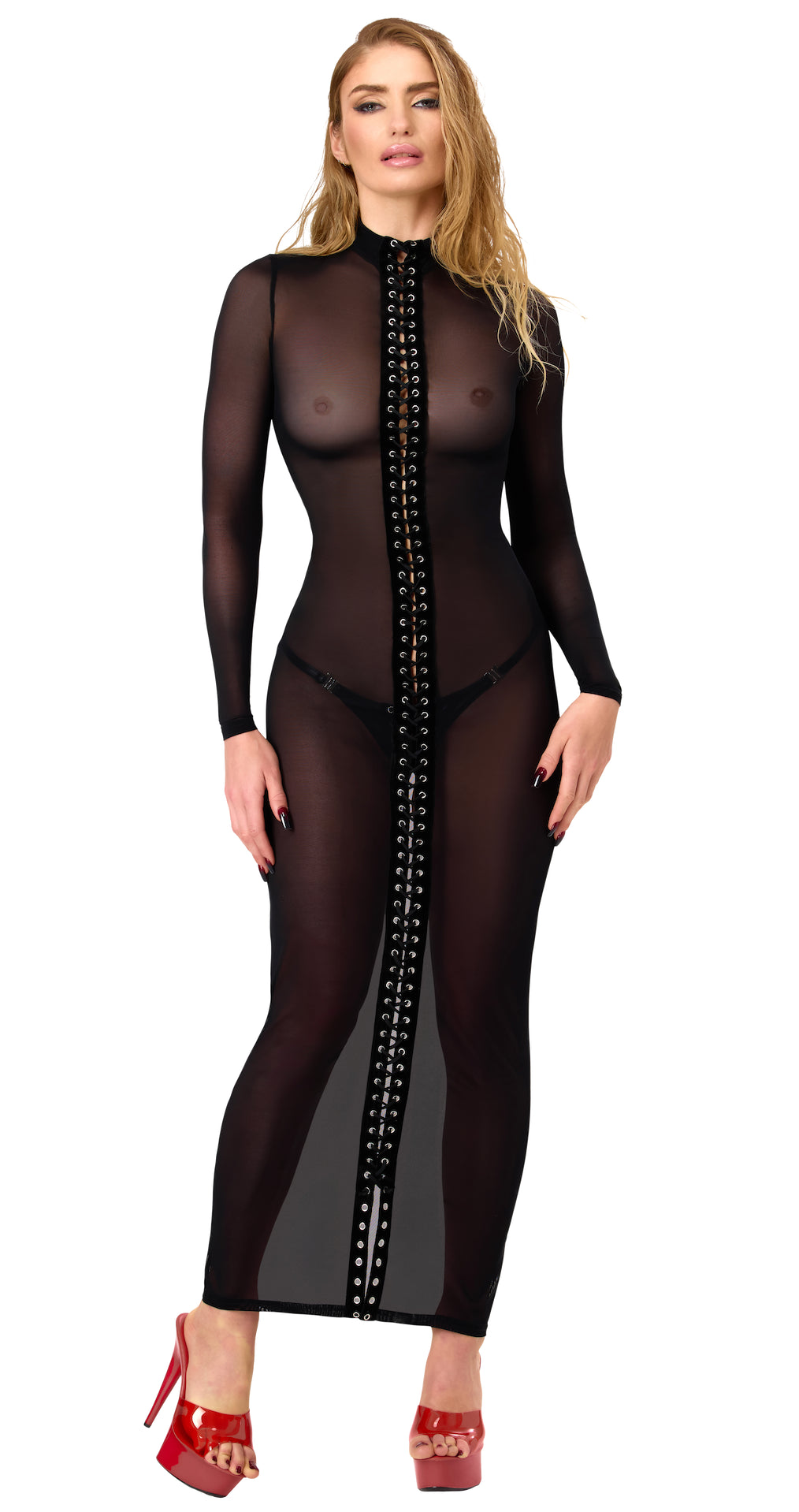 Noir Handmade F410 Do Not Disturb Maxikleid – Tüll, Frontschnürung Kragen bis Knöchel