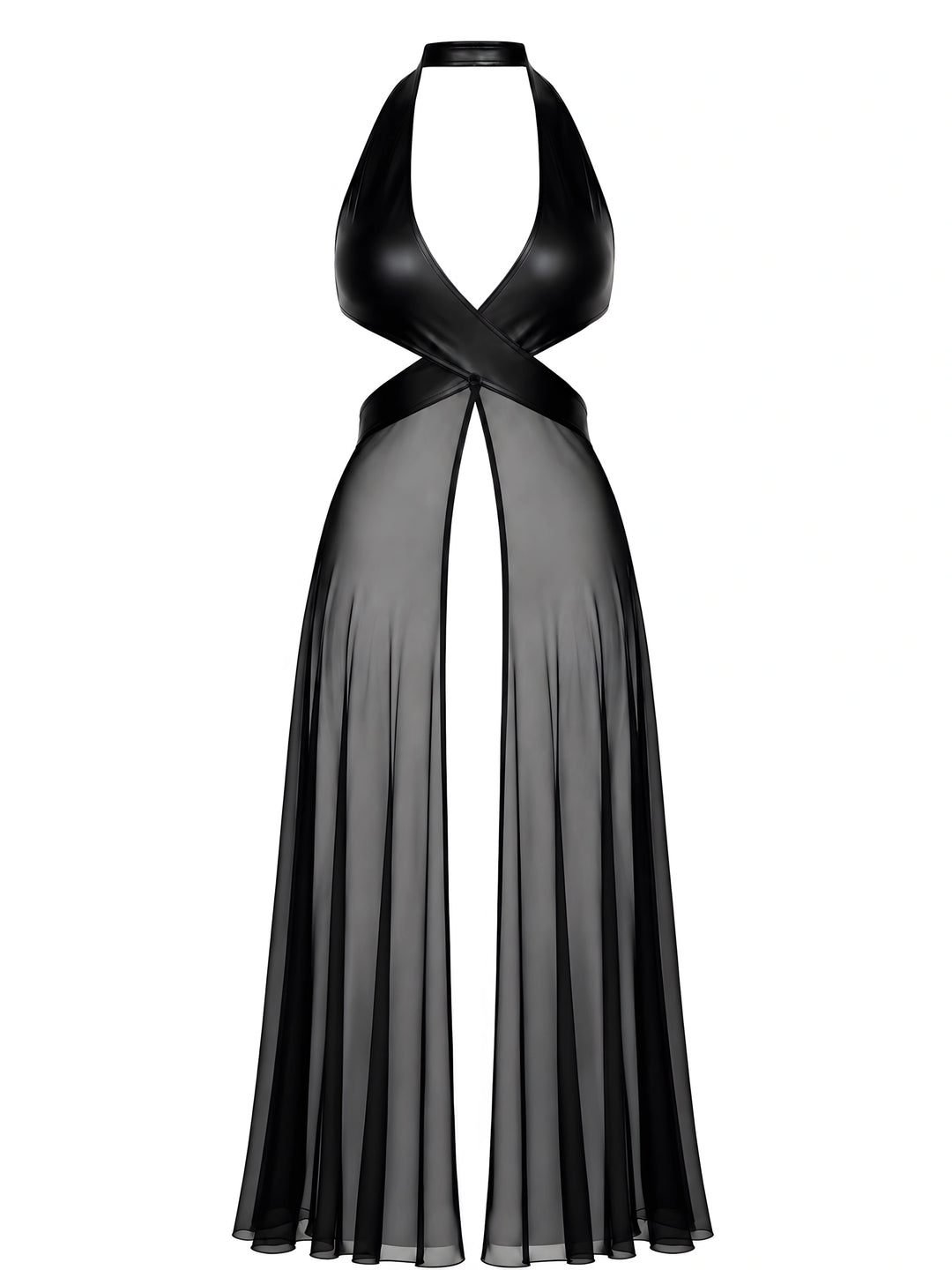 Noir Handmade F412 Do Not Disturb Maxikleid – Crossover-Halter, Powerwetlook & Tüllrock