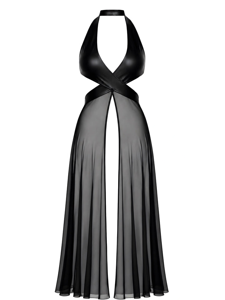 Noir Handmade F412 Do Not Disturb Maxikleid – Crossover-Halter, Powerwetlook & Tüllrock