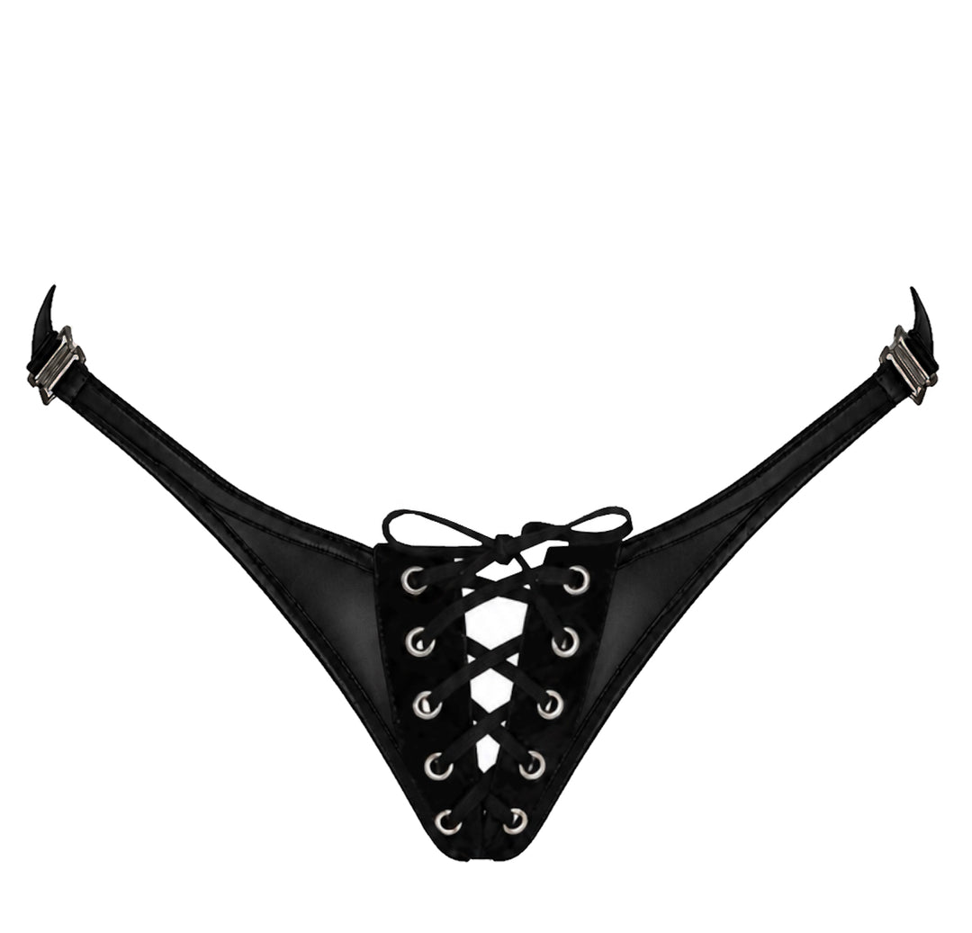 Noir Handmade F413 Do Not Disturb Tanga – Powerwetlook mit Schnürung & Seitenclips