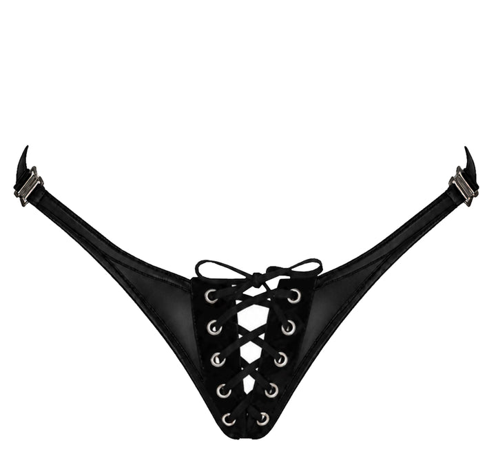Noir Handmade F413 Do Not Disturb Tanga – Powerwetlook mit Schnürung & Seitenclips