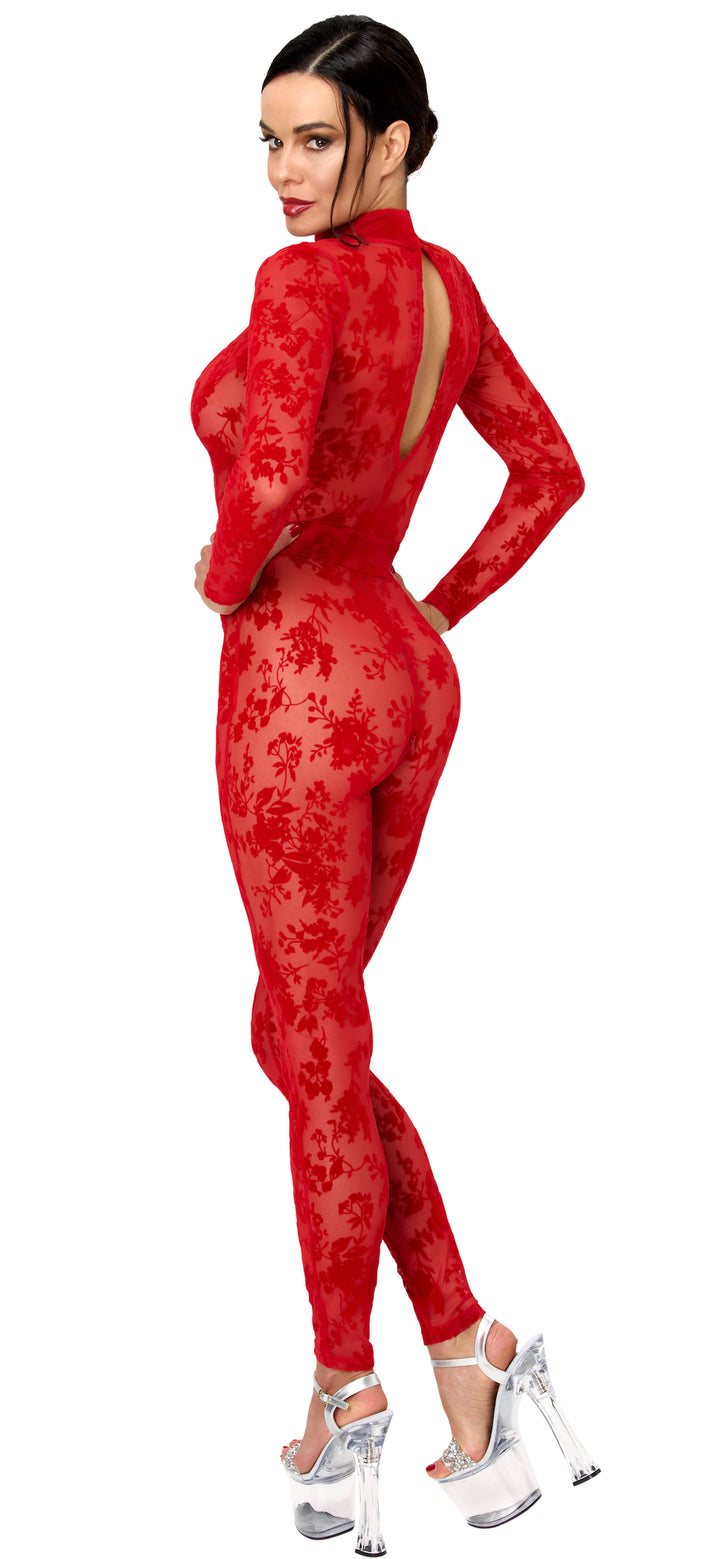 Noir Handmade F414 Lovebite Catsuit – Roter Flocked Tüll, Plunge-V-Ausschnitt, Stehkragen & Langarm