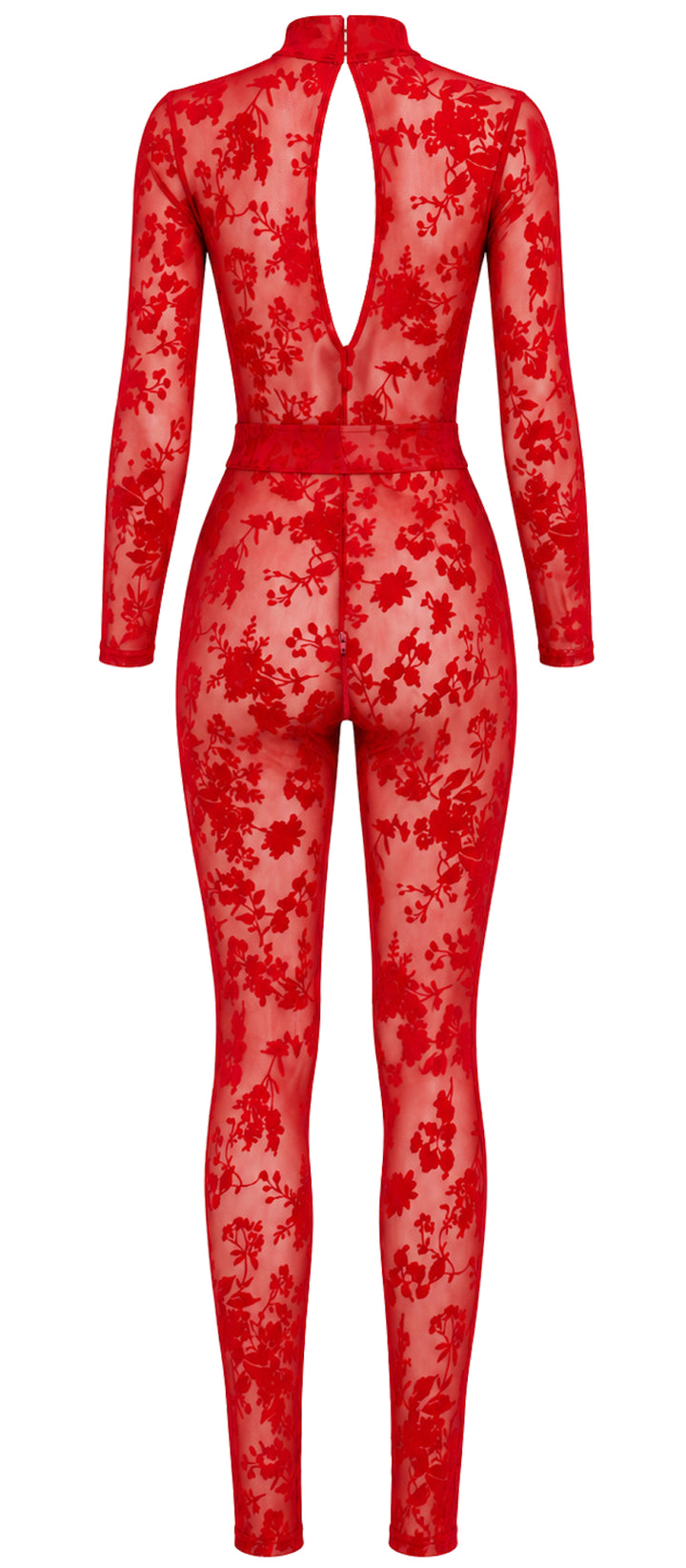 Noir Handmade F414 Lovebite Catsuit – Roter Flocked Tüll, Plunge-V-Ausschnitt, Stehkragen & Langarm