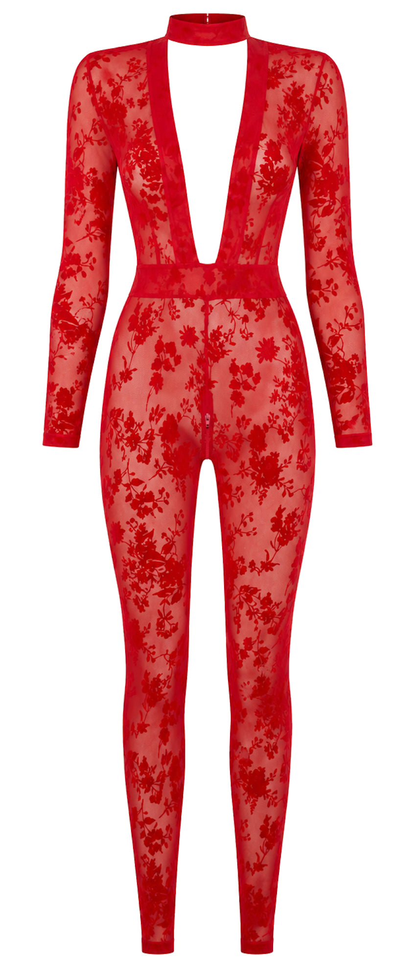 Noir Handmade F414 Lovebite Catsuit – Roter Flocked Tüll, Plunge-V-Ausschnitt, Stehkragen & Langarm