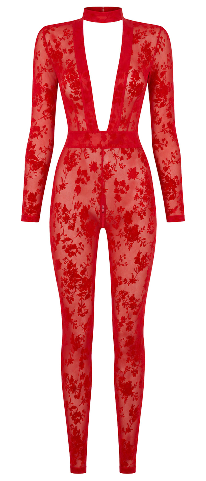 Noir Handmade F414 Lovebite Catsuit – Roter Flocked Tüll, Plunge-V-Ausschnitt, Stehkragen & Langarm