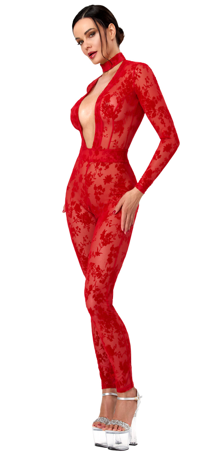 Noir Handmade F414 Lovebite Catsuit – Roter Flocked Tüll, Plunge-V-Ausschnitt, Stehkragen & Langarm