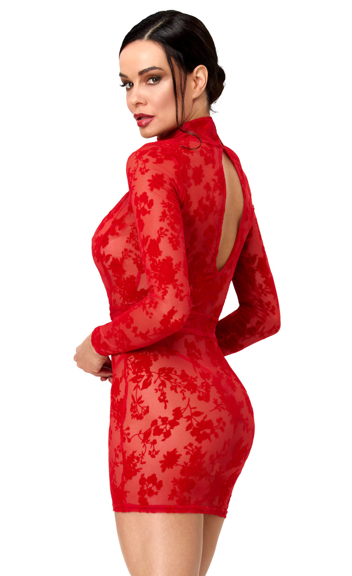 Noir Handmade F415 Lovebite Minikleid – Roter Flocked Tüll, tiefer V-Ausschnitt, Stehkragen & Langarm