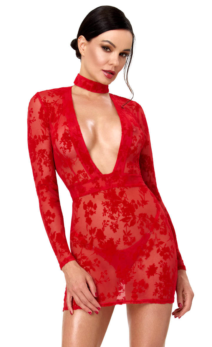 Noir Handmade F415 Lovebite Minikleid – Roter Flocked Tüll, tiefer V-Ausschnitt, Stehkragen & Langarm