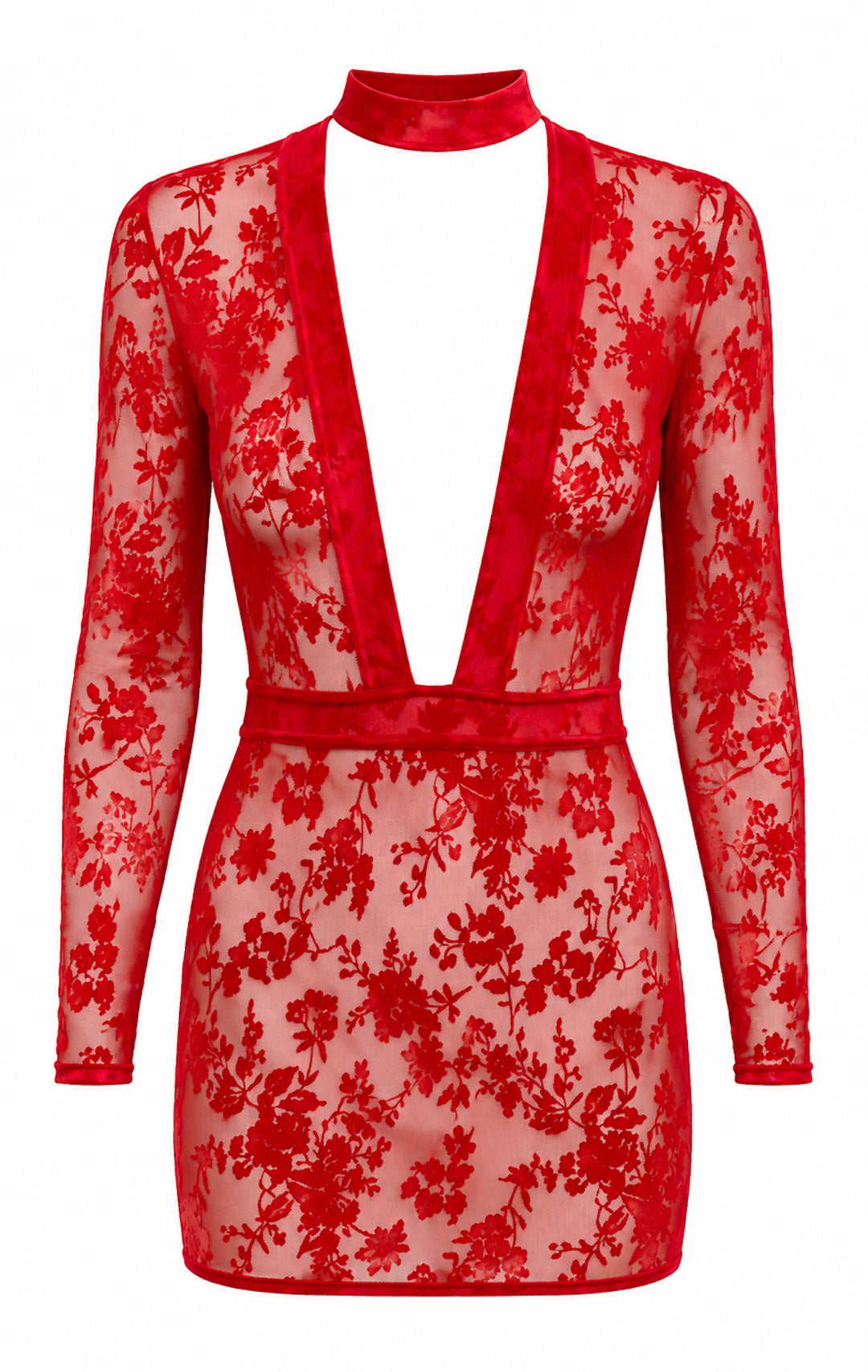 Noir Handmade F415 Lovebite Minikleid – Roter Flocked Tüll, tiefer V-Ausschnitt, Stehkragen & Langarm