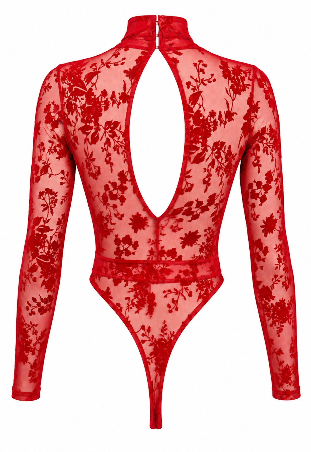 Noir Handmade F416 Lovebite Body – Roter Flocked Tüll, Plunge-V-Ausschnitt, Stehkragen, hoch ausgeschnitten & Langarm