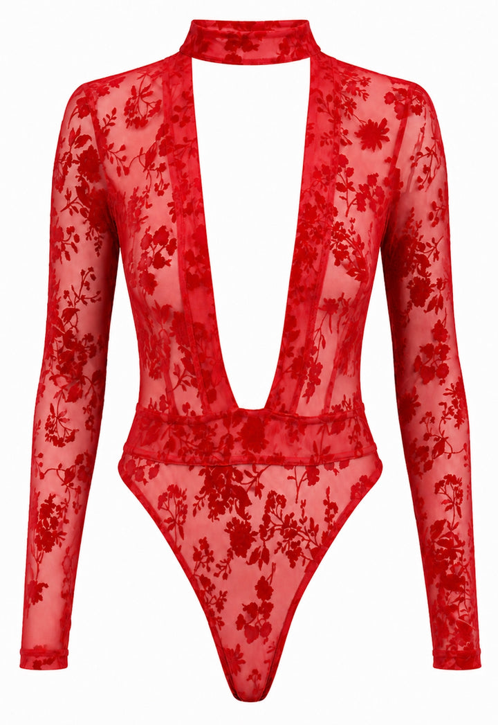 Noir Handmade F416 Lovebite Body – Roter Flocked Tüll, Plunge-V-Ausschnitt, Stehkragen, hoch ausgeschnitten & Langarm