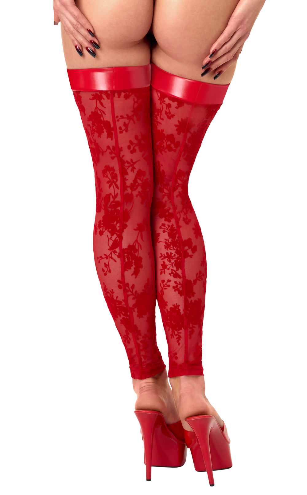 Noir Handmade F417 Plaything Oberschenkelstrümpfe – Roter Flocked Tüll, Powerwetlook-Bänder, fußfreies Design