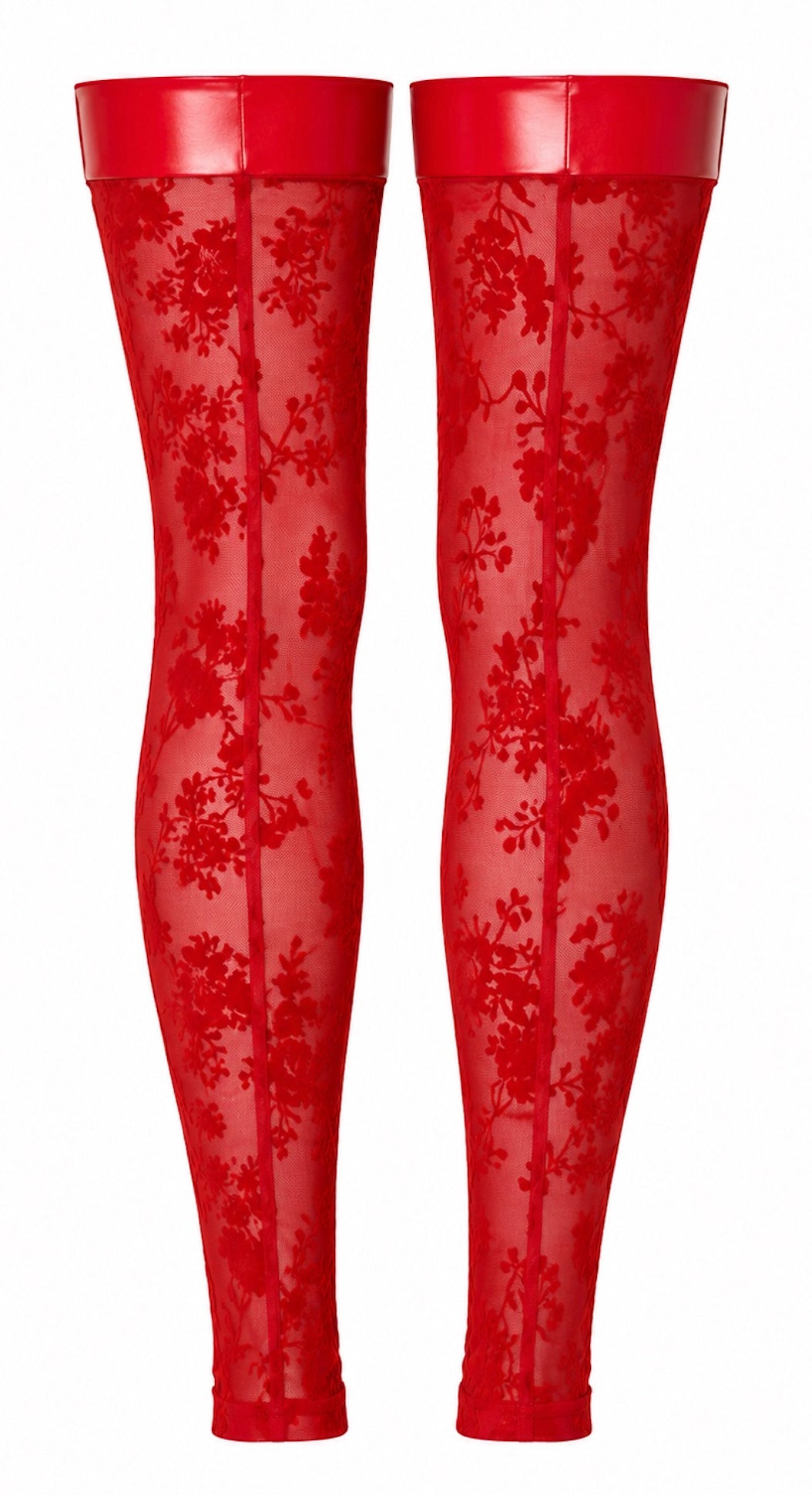 Noir Handmade F417 Plaything Oberschenkelstrümpfe – Roter Flocked Tüll, Powerwetlook-Bänder, fußfreies Design