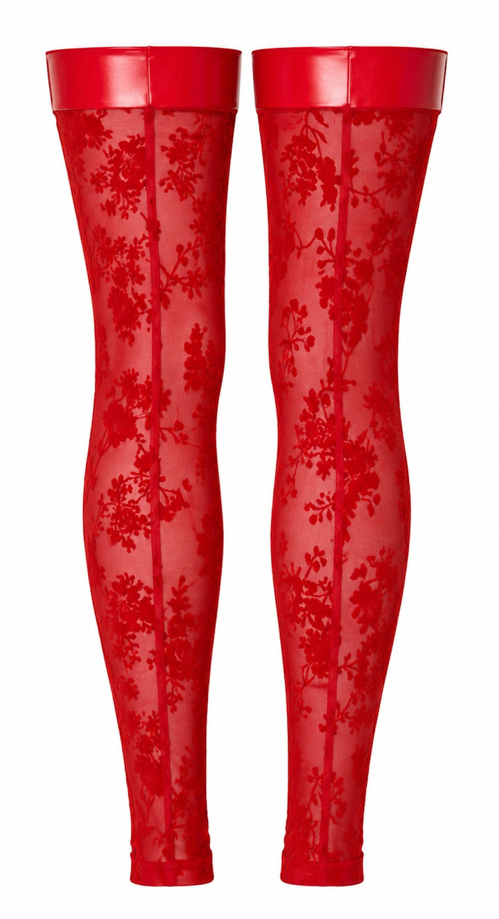 Noir Handmade F417 Plaything Oberschenkelstrümpfe – Roter Flocked Tüll, Powerwetlook-Bänder, fußfreies Design