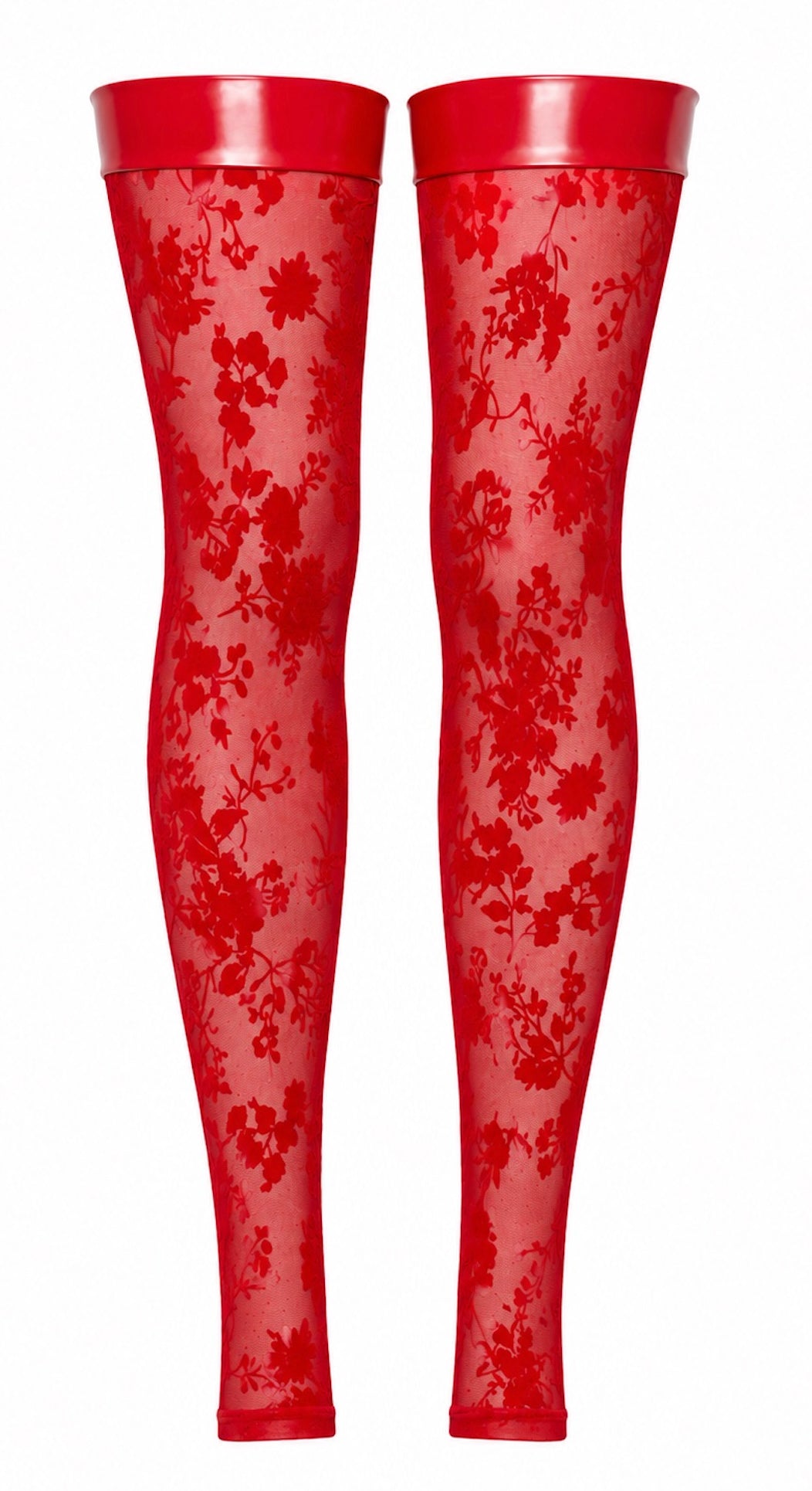 Noir Handmade F417 Plaything Oberschenkelstrümpfe – Roter Flocked Tüll, Powerwetlook-Bänder, fußfreies Design