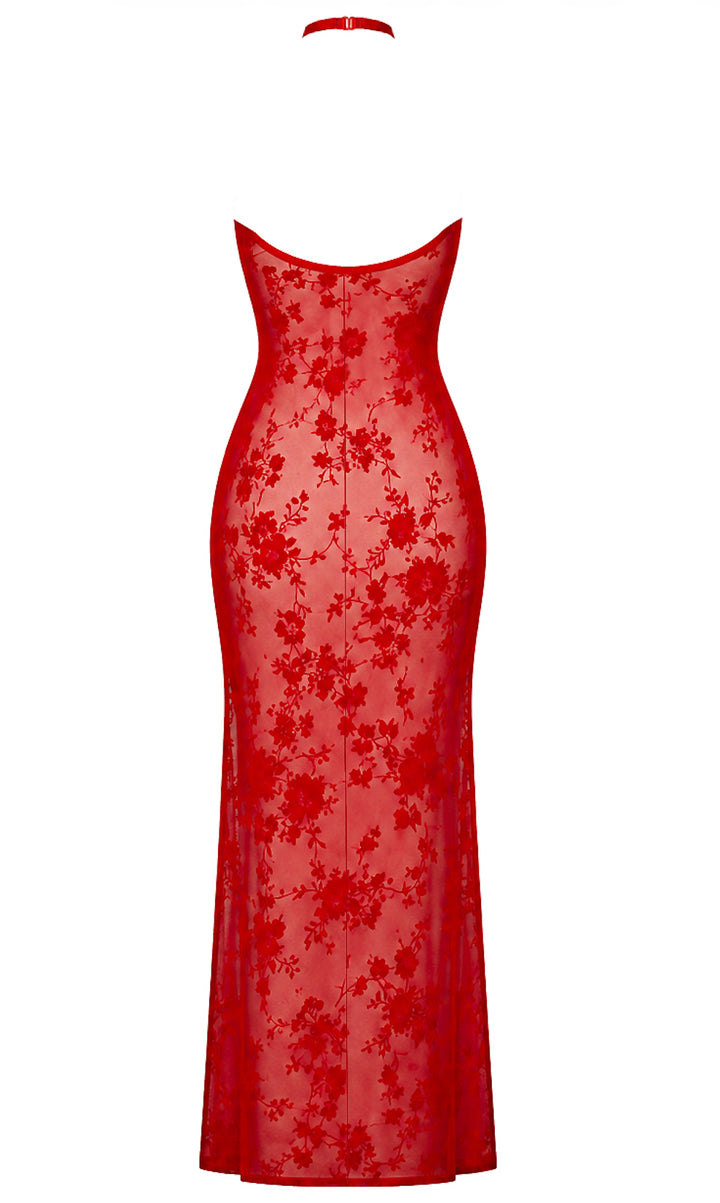 Noir Handmade F418 Plaything Maxikleid – Roter Flocked Tüll, Keyhole & hoher Vorderschlitz
