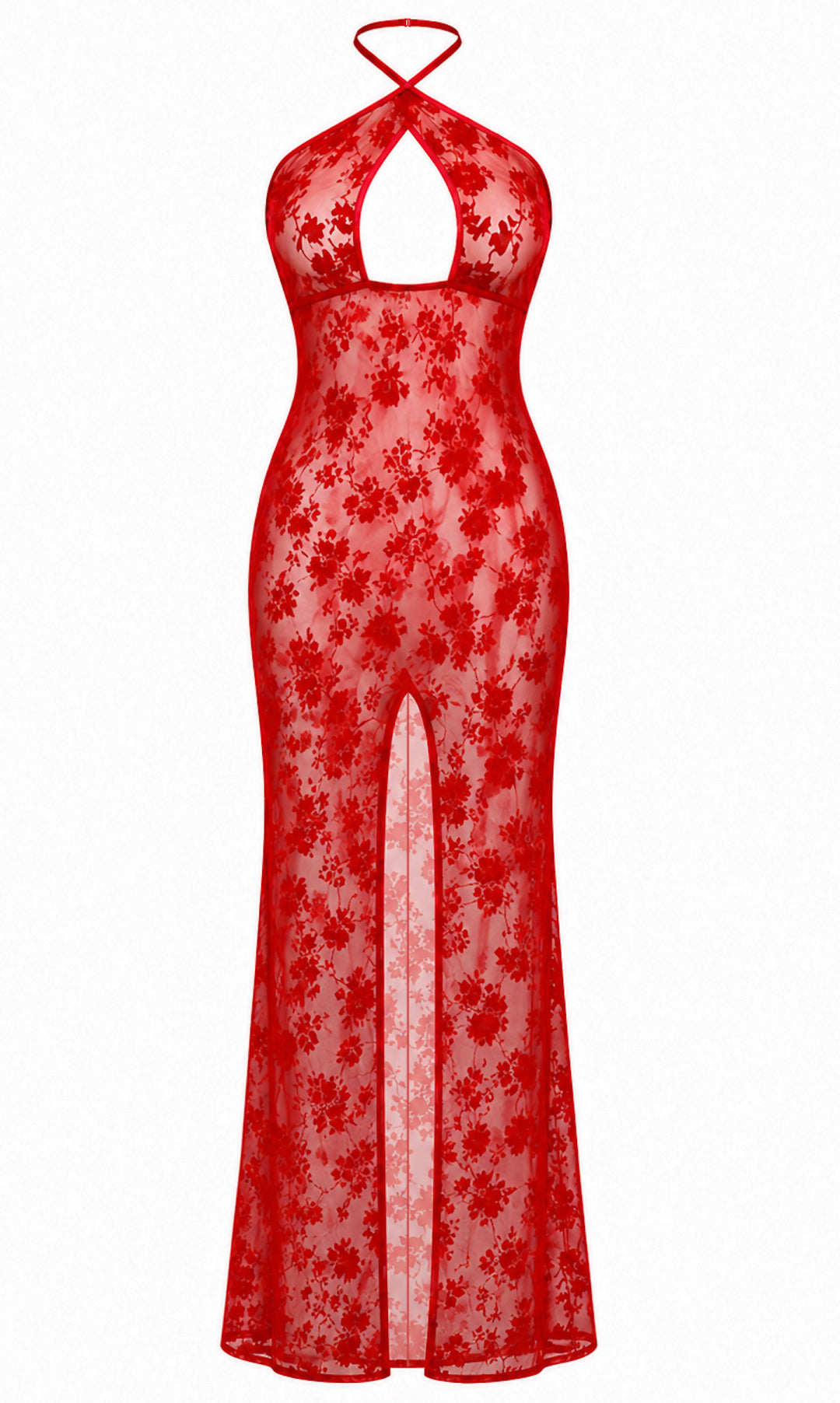 Noir Handmade F418 Plaything Maxikleid – Roter Flocked Tüll, Keyhole & hoher Vorderschlitz