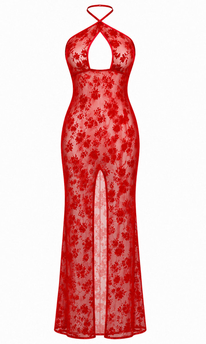 Noir Handmade F418 Plaything Maxikleid – Roter Flocked Tüll, Keyhole & hoher Vorderschlitz