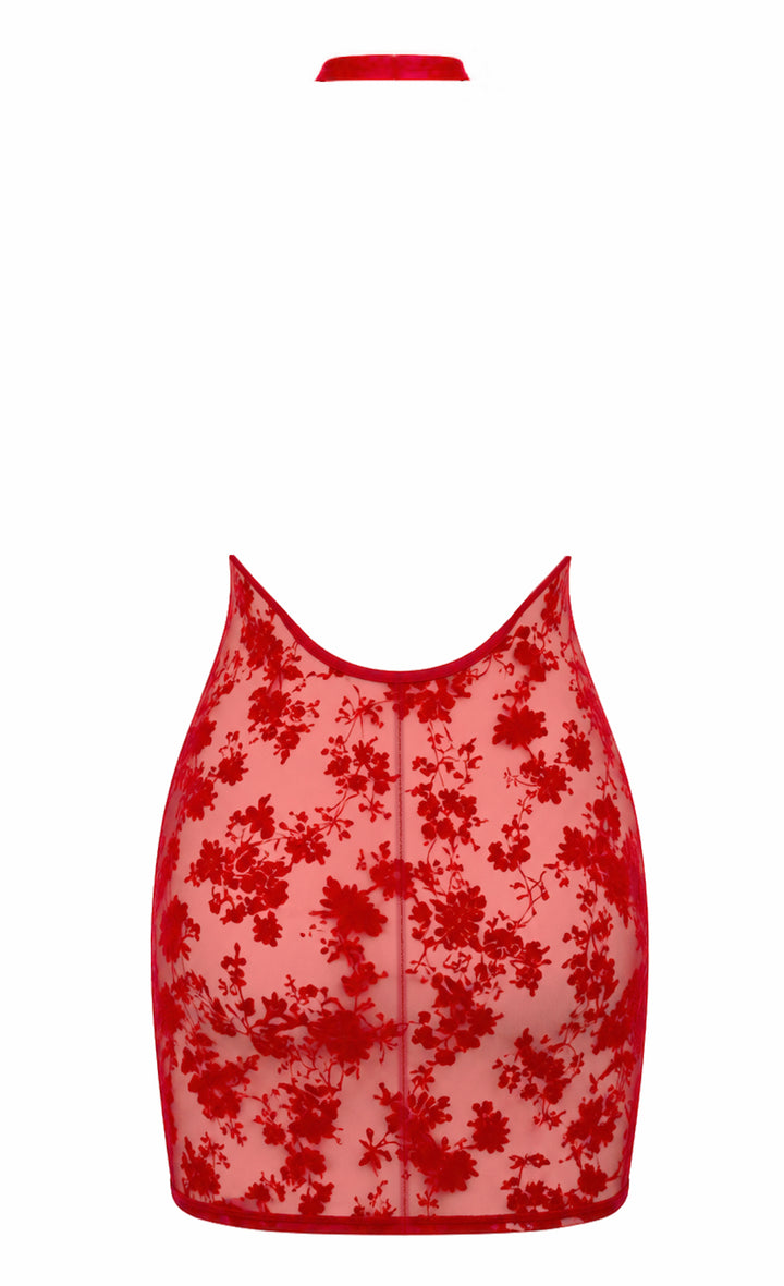 Noir Handmade F419 Plaything Minikleid – Roter Flocked Tüll, Cowl-Neck & offener Rücken