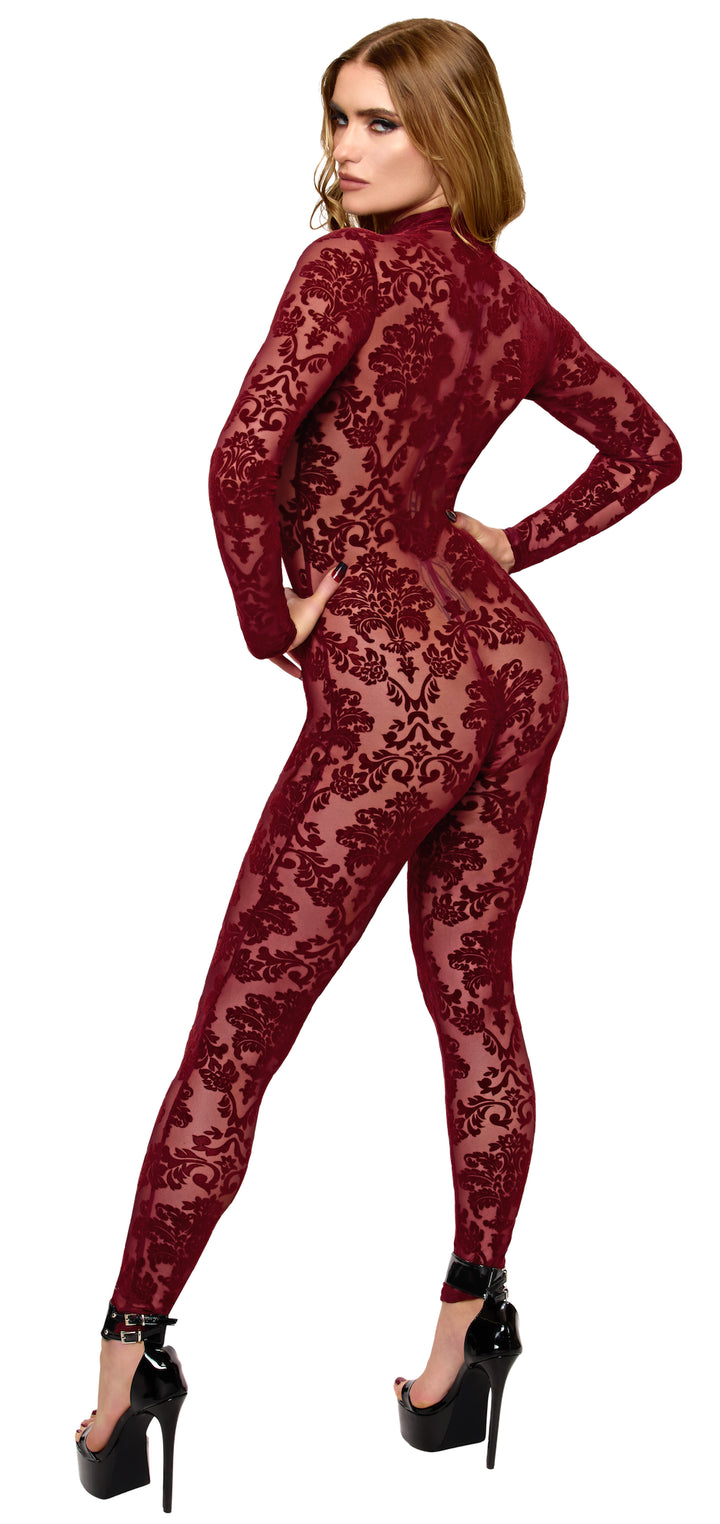 Noir Handmade F421 Masquerade Catsuit – Burgund Flocked Tüll, Langarm, Stehkragen & Drei-Schieber-RV