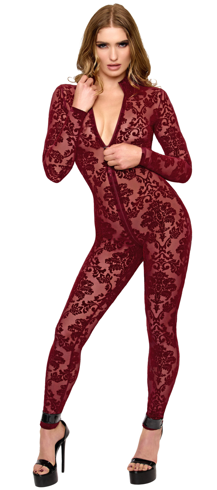 Noir Handmade F421 Masquerade Catsuit – Burgund Flocked Tüll, Langarm, Stehkragen & Drei-Schieber-RV