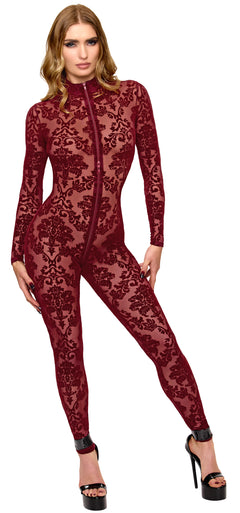 Noir Handmade F421 Masquerade Catsuit – Burgund Flocked Tüll, Langarm, Stehkragen & Drei-Schieber-RV
