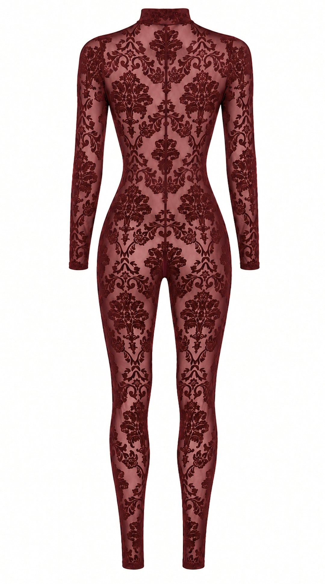 Noir Handmade F421 Masquerade Catsuit – Burgund Flocked Tüll, Langarm, Stehkragen & Drei-Schieber-RV