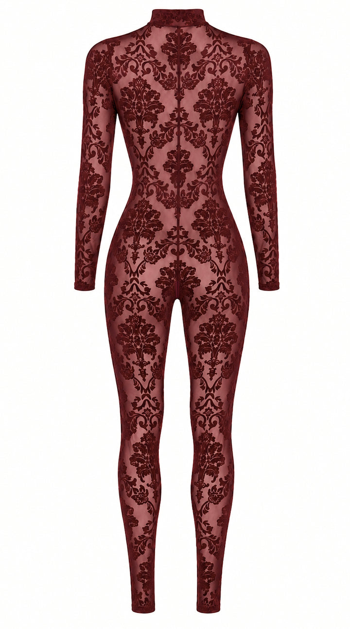 Noir Handmade F421 Masquerade Catsuit – Burgund Flocked Tüll, Langarm, Stehkragen & Drei-Schieber-RV