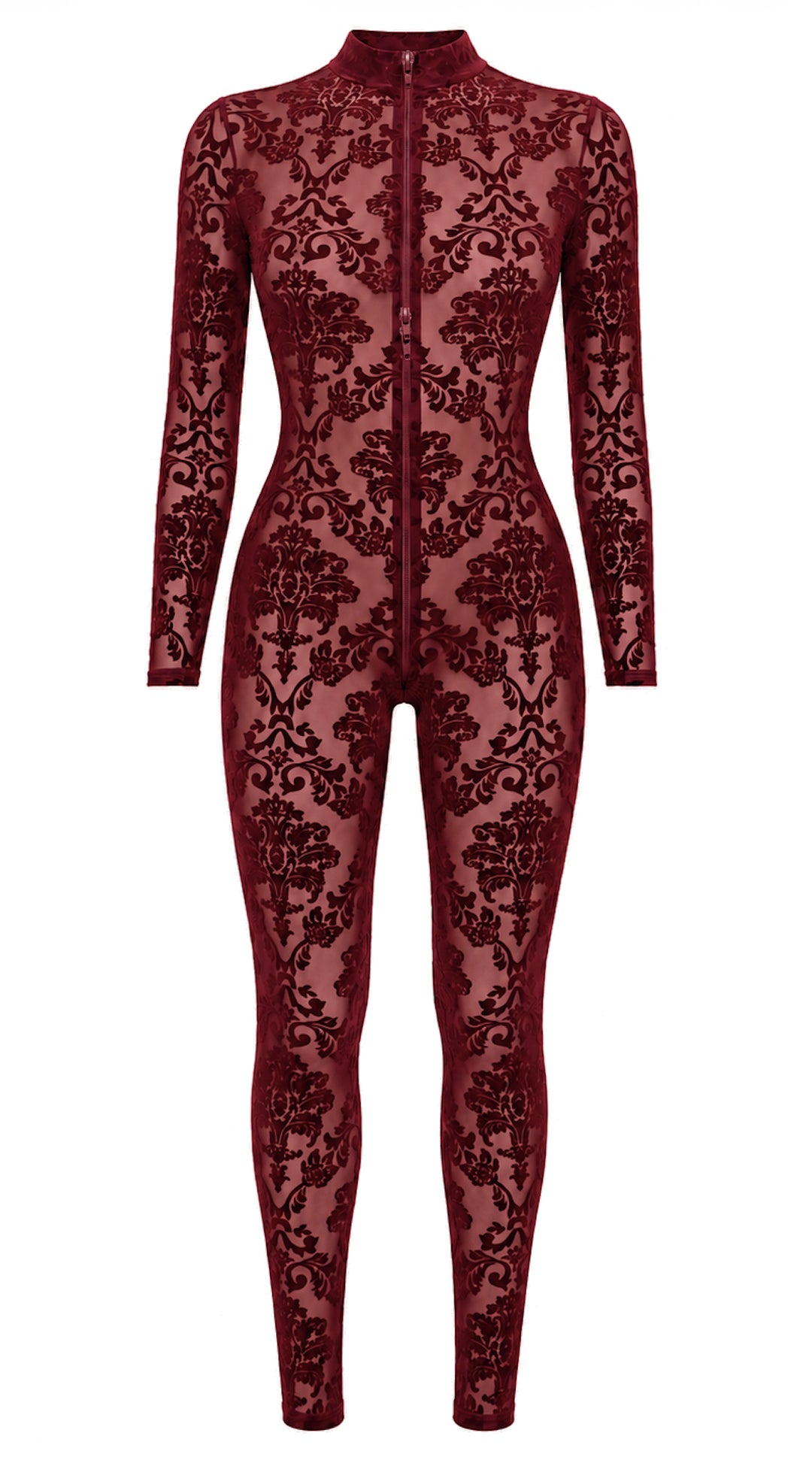 Noir Handmade F421 Masquerade Catsuit – Burgund Flocked Tüll, Langarm, Stehkragen & Drei-Schieber-RV