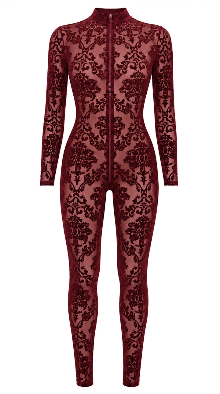Noir Handmade F421 Masquerade Catsuit – Burgund Flocked Tüll, Langarm, Stehkragen & Drei-Schieber-RV
