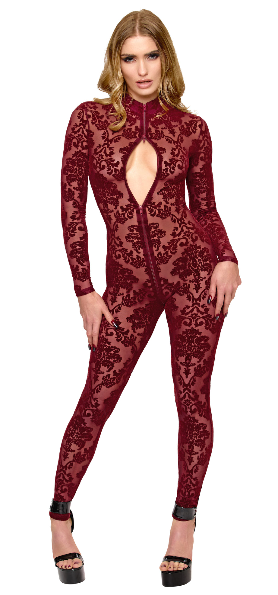 Noir Handmade F421 Masquerade Catsuit – Burgund Flocked Tüll, Langarm, Stehkragen & Drei-Schieber-RV