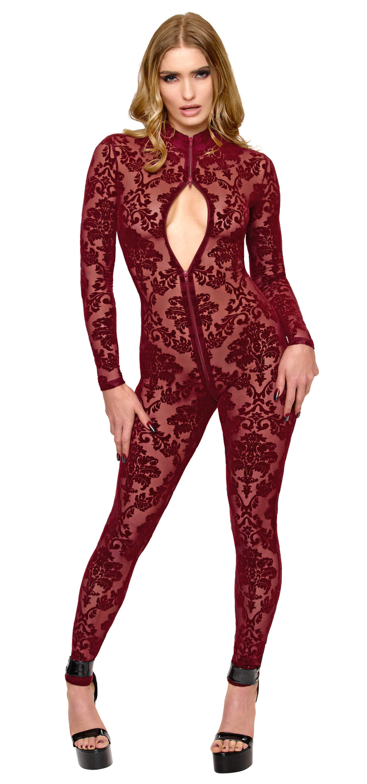 Noir Handmade F421 Masquerade Catsuit – Burgund Flocked Tüll, Langarm, Stehkragen & Drei-Schieber-RV
