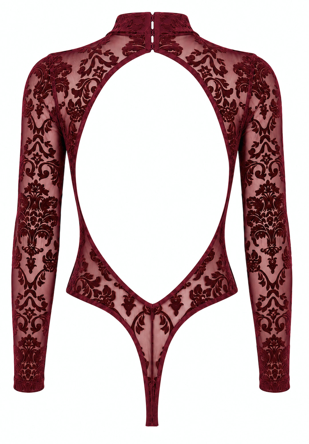 Noir Handmade F422 Masquerade Body – Burgund Flocked Tüll, offener Rücken, hoch ausgeschnitten & Langarm
