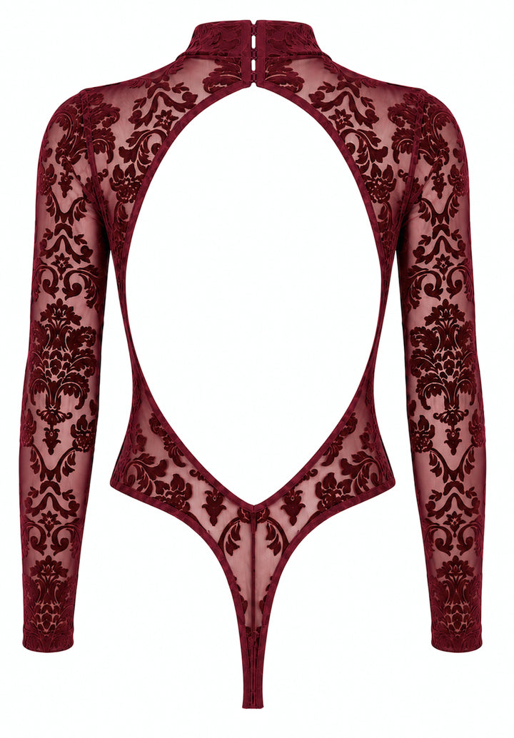 Noir Handmade F422 Masquerade Body – Burgund Flocked Tüll, offener Rücken, hoch ausgeschnitten & Langarm